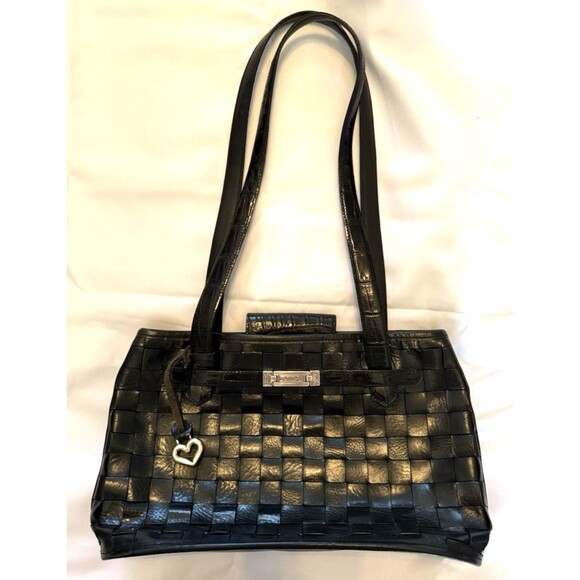 Vintage Brighton Black Leather Woven Design Double Straps Shoulder Bag - Picture 1 of 13